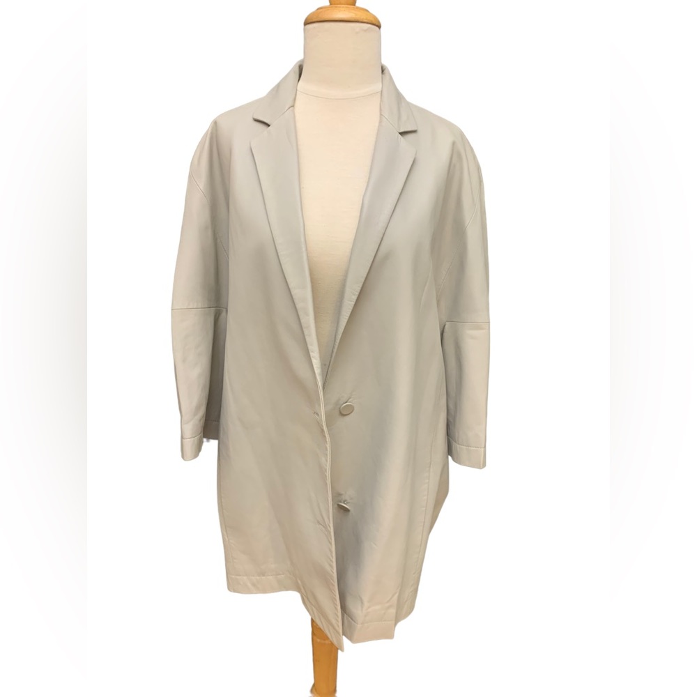 Vintage Calvin Klein Collection, leather coat, size 14, taupe